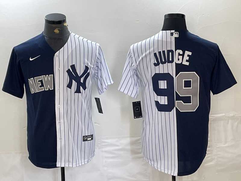 Men's New York Yankees #99 Aaron Judge Navy White Split Stitched Baseball Jersey Dzhi